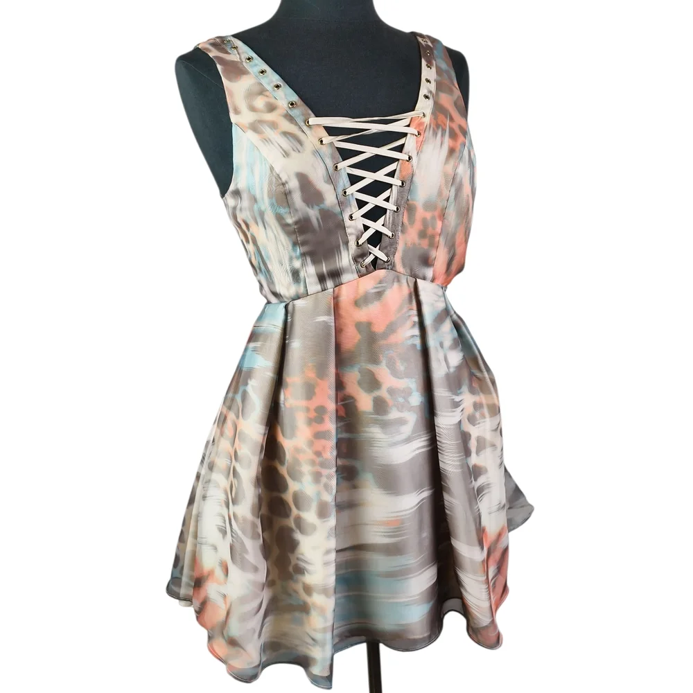 bebe Women US 2 Pastel Animal Watercolor Print Lace-Up Chiffon Mini Dress Party - Picture 2 of 16